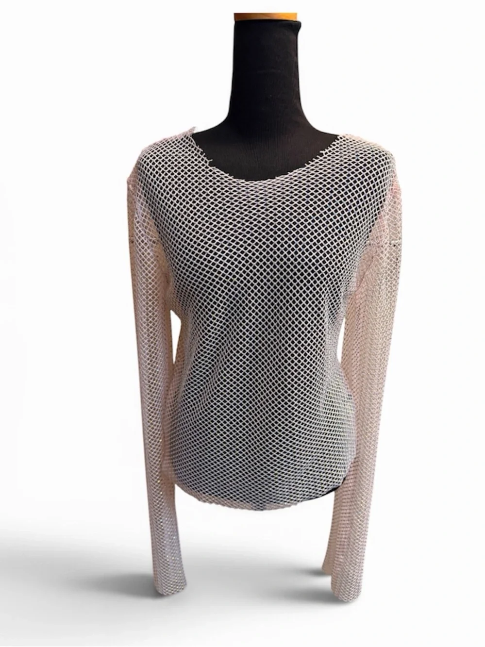 ORANGE KISS Long Sleeve Rhinestone Top Blush Pink Size SM Sheer Sparkly Mesh - Picture 5 of 11